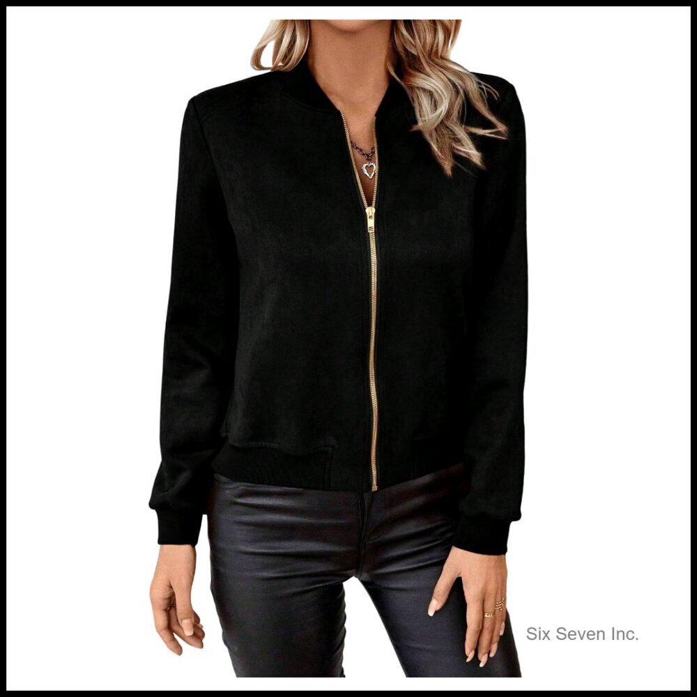 Lightweight Faux Suede Bomber Jacket Zip Up Streetwear Chic Casual Outerwear